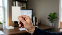Businessman holding blank white card in modern office workspace with computer and plants, ready for branding and marketing mockup designs.
