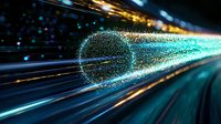 Glowing sphere formed by luminous particles with light trails and motion blur effect against dark background creates futuristic technological concept.