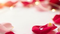 Romantic rose petals scattered on soft white background with warm golden bokeh lights creating dreamy atmosphere for wedding invitations and love themes.