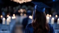 Female graduate in blue cap and gown at ceremony with bokeh lights background celebrating academic achievement and educational milestone success.