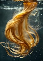 Flowing golden blonde hair underwater creating ethereal waves and curves against dark aqua background, with light rays and bubbles adding mystical atmosphere.