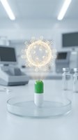Glowing virus particle floating above green and white capsule on petri dish in modern laboratory setting with scientific equipment and fluorescent lighting.