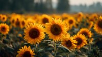 Vibrant sunflower field at dusk with golden blooms stretching toward horizon, creating a warm summer landscape for agricultural and nature themes.