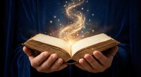 Open book with magical golden light spiral and sparkles floating above pages held in cupped hands against dark blue background for fantasy storytelling concepts.