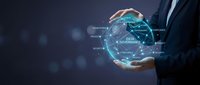 Businessman hands protecting digital data governance sphere with glowing network connections and security protocols on dark background.