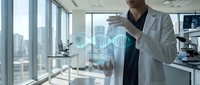 Male scientist in white lab coat using holographic DNA technology interface in modern research laboratory with city skyline view through windows.