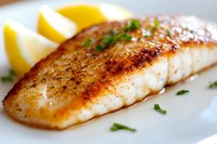 Pan-seared fish fillet with crispy golden-brown crust, garnished with fresh herbs and lemon wedges served on white plate, close up view of seafood dish.