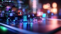 Digital technology icons floating above tablet screen with colorful bokeh lights creating futuristic smart device interface for business applications.