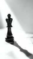 Black chess queen piece standing alone with dramatic shadow on white background, symbolizing strategy, leadership, and power for business and game concepts.