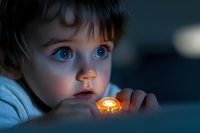 Curious toddler boy with blue eyes holding glowing light in dark room, expressing wonder and amazement during nighttime exploration and discovery.