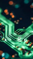 Close-up of glowing green circuit board pathways with orange and teal bokeh lights on dark background, representing technology, data processing, and digital innovation for tech industry applications.
