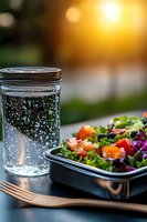 Fresh colorful salad in lunch box with sparkling water in mason jar at sunset. Natural light creates bokeh effect, highlighting healthy eating lifestyle.