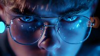Close up portrait of young Caucasian person wearing round glasses illuminated by blue neon lights, focusing on intense eyes and eyewear in dark atmospheric setting.