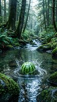 Watermelon splashing into forest stream creating ripples surrounded by moss-covered trees and ferns in lush green woodland environment for surreal nature concepts.