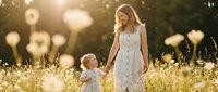 Young Caucasian mother in white dress holding hands with toddler daughter in sunny meadow with dandelions during golden hour sunset for family bonding.