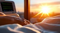 Intensive care unit patient monitoring at sunrise with medical equipment and sunlight streaming through window creating hopeful atmosphere.