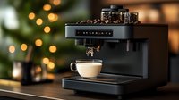 Modern black espresso machine brewing fresh coffee into white cup with bokeh lights background and coffee beans on top, morning cafe atmosphere.