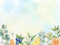Watercolor botanical background with citrus fruits, blueberries, and green leaves on soft pastel blue and yellow gradient for cards.