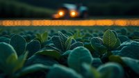 Tractor lights glowing at dusk over green cabbage field, with bokeh light trail effect creating atmospheric agricultural scene at twilight farming hour.