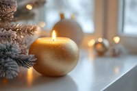 Golden spherical candle glowing with warm light on windowsill with snowy pine branches and Christmas ornaments creating cozy winter holiday atmosphere.