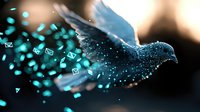 Flying dove silhouette dissolving into glowing turquoise message icons and particles against dark background, representing digital communication and freedom of information flow.