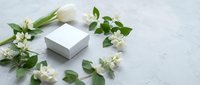 White gift box surrounded by fresh jasmine flowers and tulip on light concrete surface, elegant spring floral arrangement with copy space.