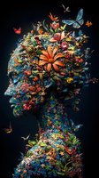 Surreal female profile made of puzzle pieces transforming into vibrant butterflies, flowers, and birds against dark background, artistic portrait composition.