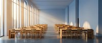 Spacious modern cafeteria with wooden tables and chairs, flooded with natural sunlight through tall arched windows, minimalist interior design.