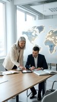 Business professionals collaborating in modern office with world map, discussing global strategy and international expansion plans.