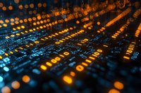 Digital circuit board with glowing orange lights and electronic components creating futuristic technology background for tech presentations and designs.