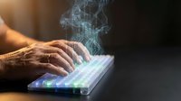 Senior businessman hands typing on glowing digital tablet with holographic data streams and light effects for technology and innovation concepts.