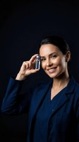 Professional businesswoman in navy suit holding small bottle or vial, smiling confidently against dark background for pharmaceutical marketing.