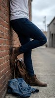 Person leaning against brick wall wearing skinny jeans and brown leather Chelsea boots, with leather bag and denim jacket on urban alley ground.