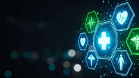 Digital healthcare technology interface with glowing medical icons and hexagonal symbols on dark background for modern medicine and telemedicine concepts.