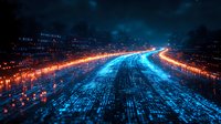 Glowing digital highway with orange and blue light trails on dark background, representing data flow and network connectivity in modern technology.