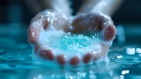 Dentures floating in clear water with bubbles and turquoise background, macro photography showing detailed texture of dental prosthetics in liquid.