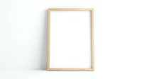 Empty wooden frame mockup with natural wood border on white textured wall background for artwork display and interior design projects.