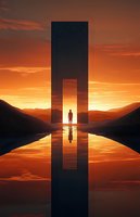Silhouette of person standing before mysterious portal reflecting in water against dramatic orange sunset sky and mountain landscape. Surreal sci-fi concept art.