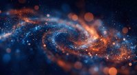 Cosmic spiral galaxy with glowing orange and blue nebula clouds, starfield and bokeh light effects for astronomy and space science backgrounds.