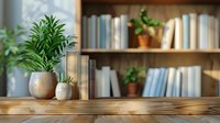 Cozy home library corner with potted plants, ceramic pots and books on wooden shelves. Warm natural lighting creates peaceful reading atmosphere.