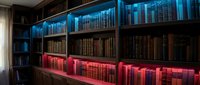 Modern library interior with illuminated bookshelves featuring blue and red LED lighting creating atmospheric ambiance for reading and study spaces.