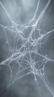 Abstract flowing translucent strands with glowing particles create a dynamic network pattern against a soft gray background, suitable for technology, science, and digital design projects.