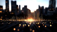 Glowing golden light bars rise against blurred city skyline at dusk, creating futuristic visualization with bokeh effect and lens flare. Abstract urban background.