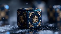 Dark blue gaming dice with golden ornate symbols on glittering surface. Dramatic macro photography with shallow depth of field and bokeh background creates mystical atmosphere.