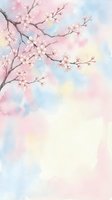 Watercolor cherry blossom branch with soft pastel pink and blue background, spring floral art for cards, invitations, and wall decor.
