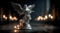 Stone angel statue with spread wings surrounded by glowing candles on wooden surface creating spiritual atmosphere for memorial or religious concepts.