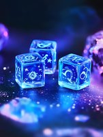 Glowing cosmic dice with celestial symbols on translucent cubes cast in magical blue light against dark background with sparkles and mystical atmosphere.