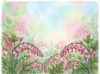 Watercolor bleeding heart flowers in soft pink and green tones, delicate botanical garden scene with pastel sky background for cards and prints.