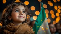 Young girl with curly hair in brown sweater smiling upward against blurred golden bokeh lights and decorative green bottle background during holiday celebration.