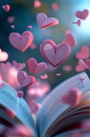 Pink paper hearts floating from open book with romantic bokeh background for love stories, Valentine's Day cards, and wedding invitations.